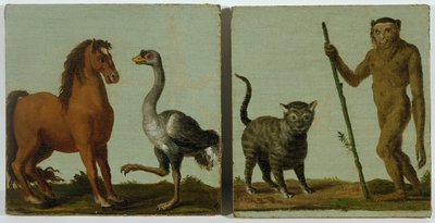 Een paard en struisvogel en een wilde kat en wilde man door Roelandt Jacobsz. Savery